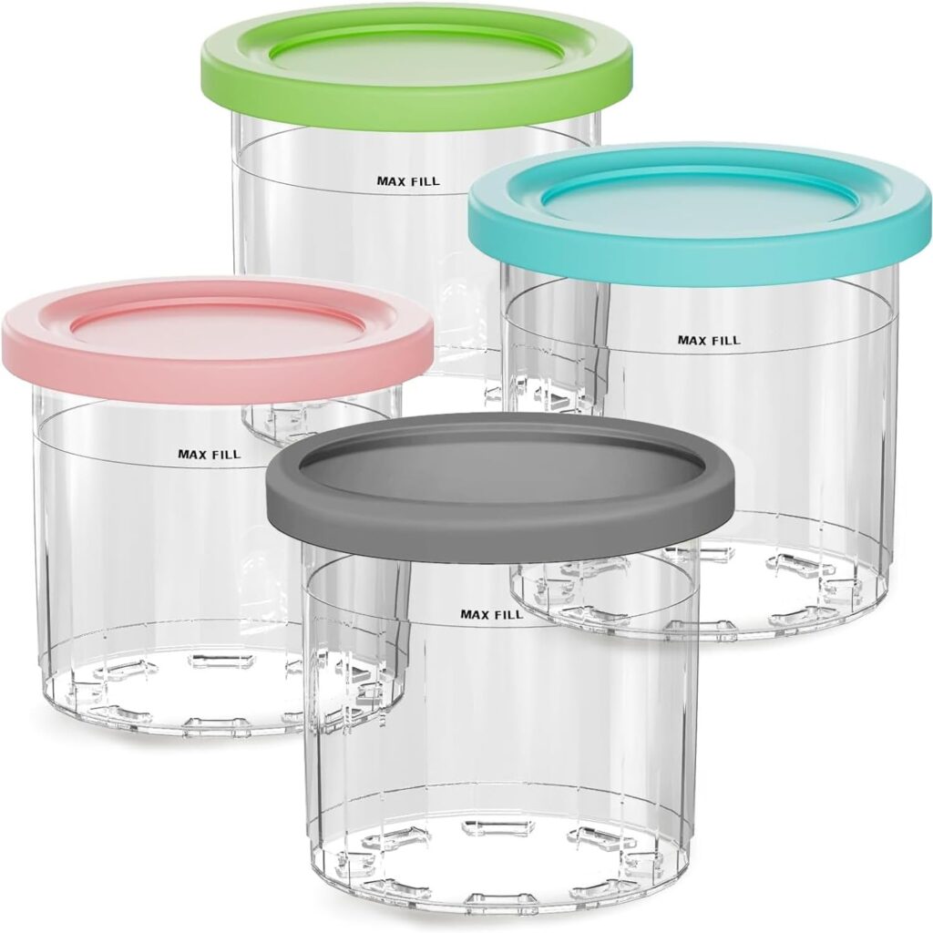 Containers Replacement for Ninja Creami Pints and Lids – 4 Pack, 16oz Cups Compatible with NC301 NC300 NC299AMZ NC290 Series Ice Cream Maker – BPA-Free & Dishwasher Safe