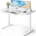 Marsail Glass Standing Desk with Drawer, 48 x 24 inch Electric Standing Desk, Height Adjustable Desk with One-Piece Tabletop & USB Charging Ports, Sit Stand Desk with Storage for Home & Office White