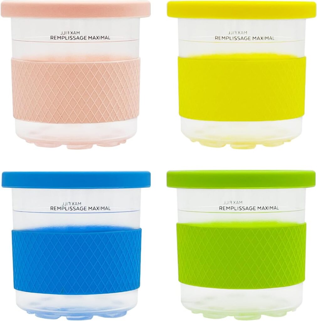 joystar Ice Creami Containers,Compatible with Ninja Creami Pints and Lids – 4 Pack with Silicone sleeve, 16oz Cups NC301 NC300 NC299AMZ Series Ice Cream Maker, Color Lids (Yellow/Blue/Green/Pink)
