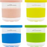 joystar Ice Creami Containers,Compatible with Ninja Creami Pints and Lids – 4 Pack with Silicone sleeve, 16oz Cups NC301 NC300 NC299AMZ Series Ice Cream Maker, Color Lids (Yellow/Blue/Green/Pink)