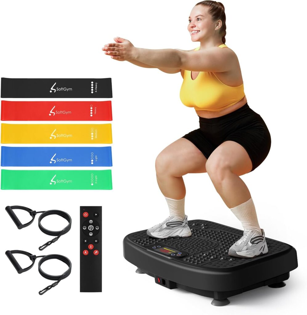 SoftGym Vibration Plate Exercise Machine for Lymphatic Drainage,Power Vibrate Stand Shake Board 450 Lbs Capacity Whole Body Workout Waver with Fitness Resistance Bands Weight Loss Gifts for Women Men
