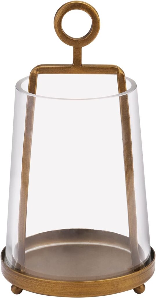 4“ Wide Modern Metal Hurricane Lantern with Handmade Sturdy Glass Sleeve in Brass for 2″ Pillar Candle & Plants, Farmhouse HurricaneIndustrial, Minimalistic, Shabby Chic (1, Brass, 4″x7.5″)