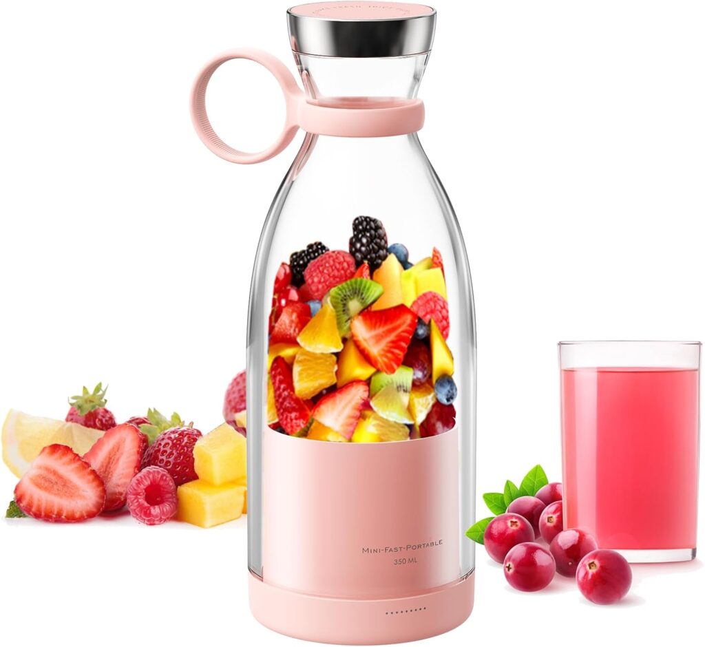 Asa Vea Portable Blender, Mini Blender for Smoothies and Shakes with 4 Blades, 11 Oz Personal Size Blender with Travel Lid and USB Rechargeable for Kitchen, Office, Gym (Pink)