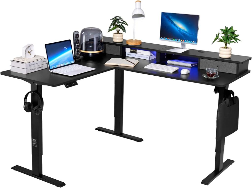 VEVOR L Shaped Electric Standing Desk with 2 Drawers, 63 x 55 inch Adjustable Height Corner Desk with Storage, Sit Stand up Computer Table with Light Strips for Office Home, Easy to Assemble, Black