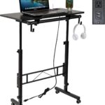 SIDUCAL Standing Desk Height Adjustable with Tiltable Tabletop, Rolling Laptop Desk with Charging Station, Sit Stand Portable Stand Up Desk with Wheels, Black