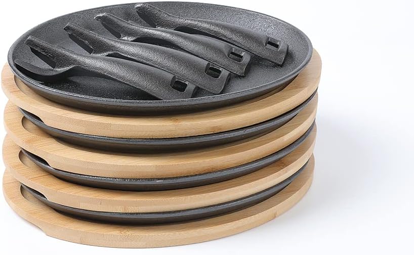 HAWOK Cast Iron Fajita pan with Bamboo Tray and Handle Set of 4…
