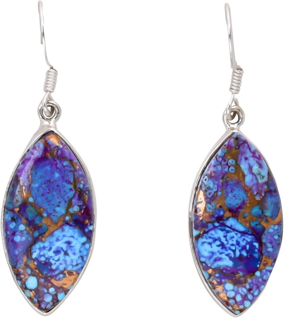 Handmade Purple & Blue Copper Turquoise Drop Earrings – 925 Sterling Silver Gemstone Dangle Earrings for Women – Unique Boho Chic Jewelry Gift