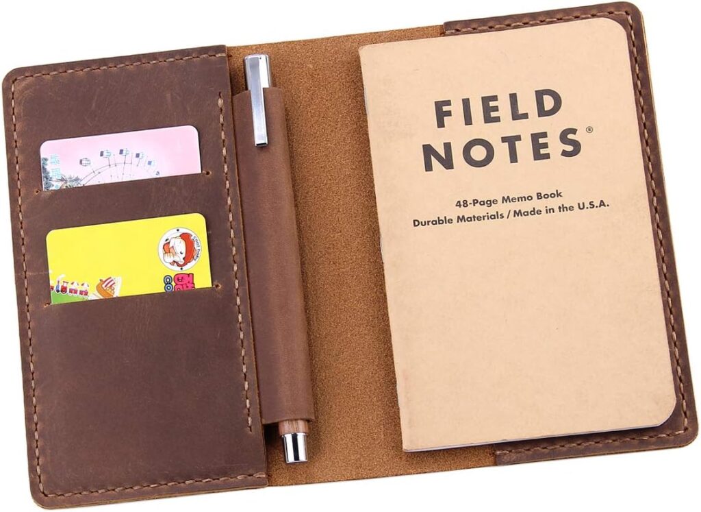 Leather Notebook Cover for Field Notes, Handmade Journal Cover for Moleskine Cahier Journal, Leather Cover with Pen Holder fits 3.5″ x 5.5″ Pocket Notebook – Brown
