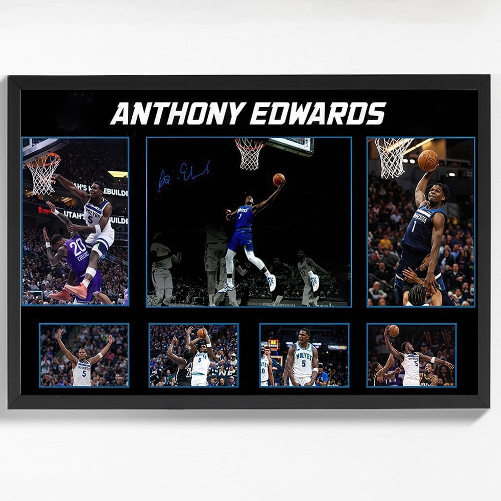 Black Framed Basketball Superstar Anthony Edwards Signed Poster For Kids Fans Room Bedroom Wall Decor-Canvas Art Print Pictures For Teen Boy Birthday Gifts