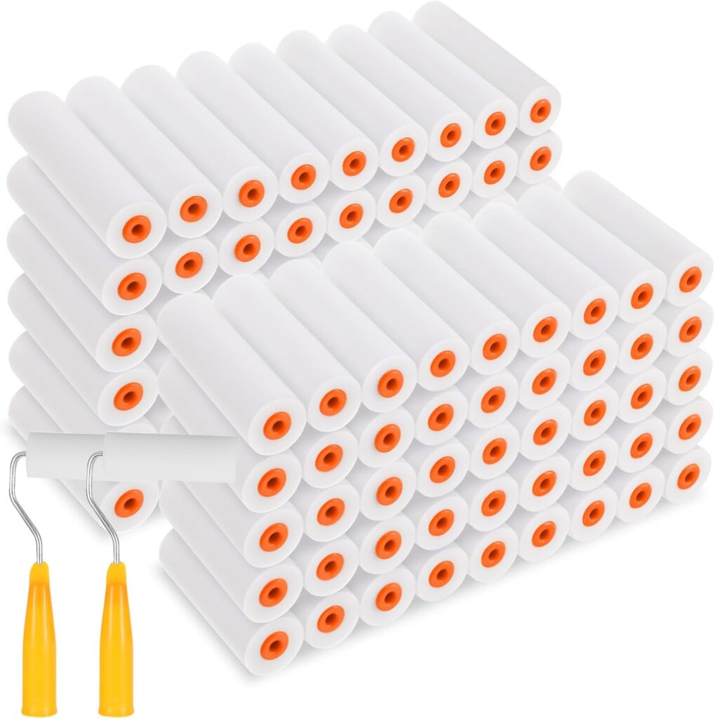 100 Pcs 4 Inch Foam Paint Roller with 2 Handles, Mini High Density Foam Roller Refills Paint Edger Tool for Walls Brings Smooth Finishes Flat Surfaces (White)
