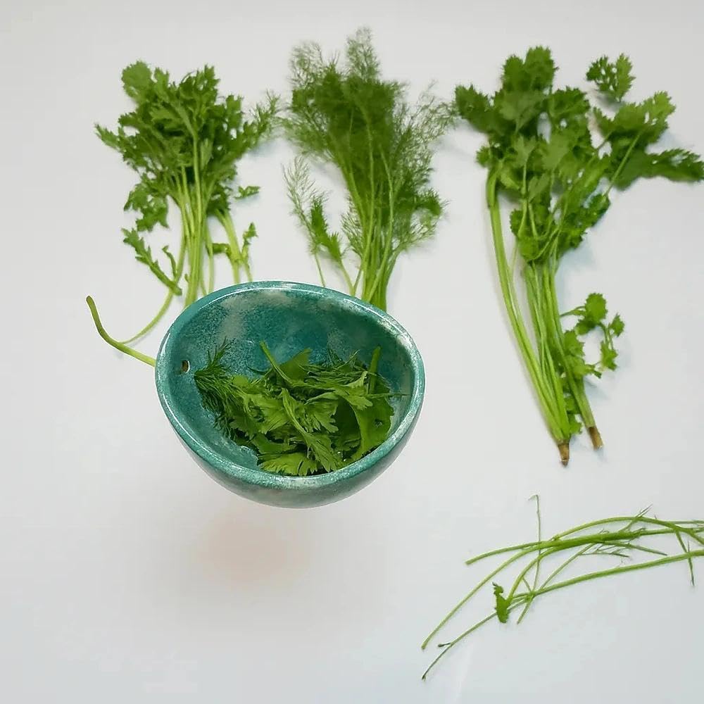 2025 New Handmade Ceramic Herb Stripper Bowl – 4-Slot Pottery Leaf Separator with Varying Hole Sizes, Rustic Herb Peeler Tool for Kitchen & Garden, Multipurpose Handcrafted Prep Bowl (Cyan)