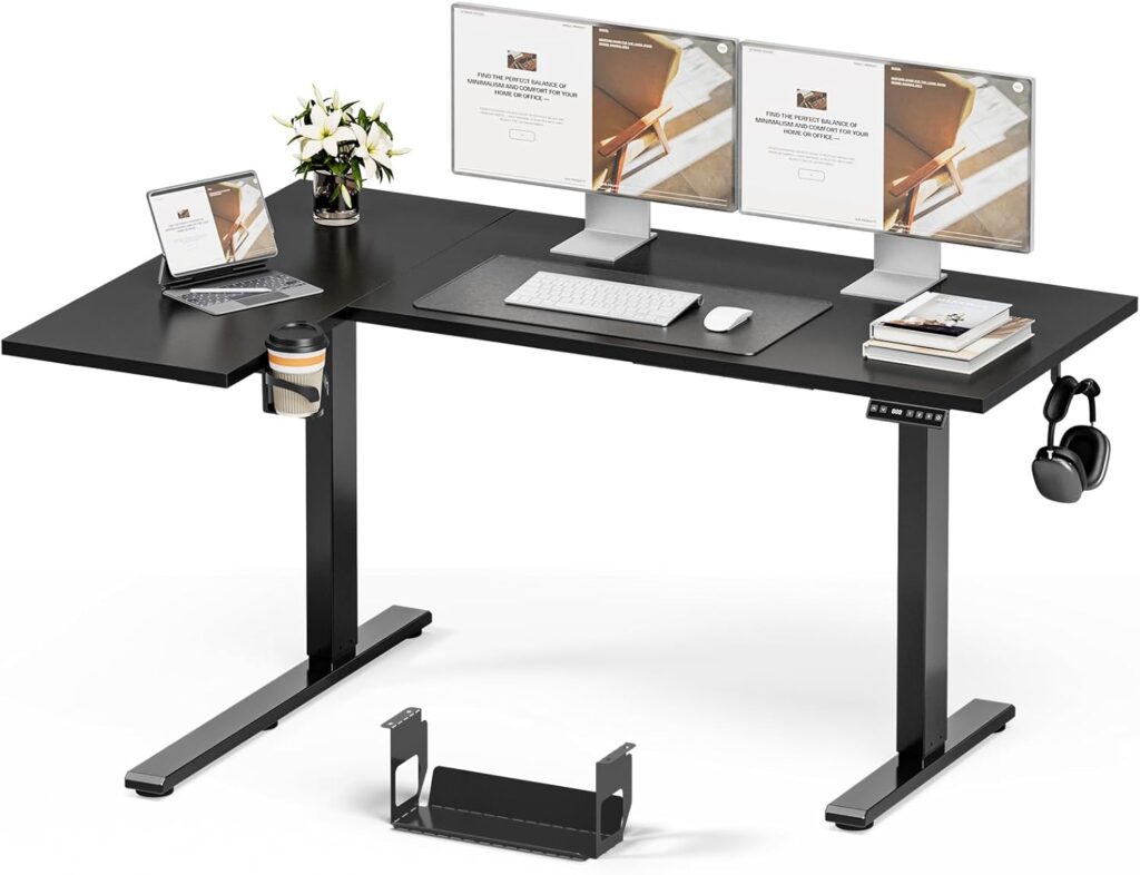 Muvai 59 Inch L Shaped Standing Desk Adjustable Height with Cable Management Tray,Gaming Electric Corner Standing Desk, Sit Stand Computer Table with Reversiable Splice Board, Black