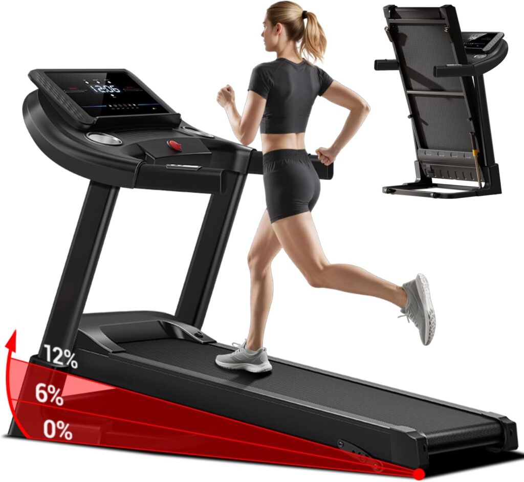 12% Incline Treadmill with Handle, 3-in-1 Portable Treadmills for Home and Office, Foldable Treadmills with 300 Lbs Weight Capacity, 3.0HP Quiet Walking Pad Treadmill, Three Touch Screen