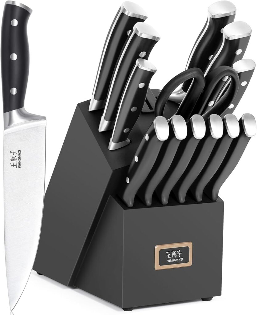 Sharp Knife Set High Carbon Stainless Steel Forged Ergonomic Triple Rivet Handle Sharp Knife Set for Kitchen Hundreds of Years of Masterful Craftsmanship(Black,15PCS)