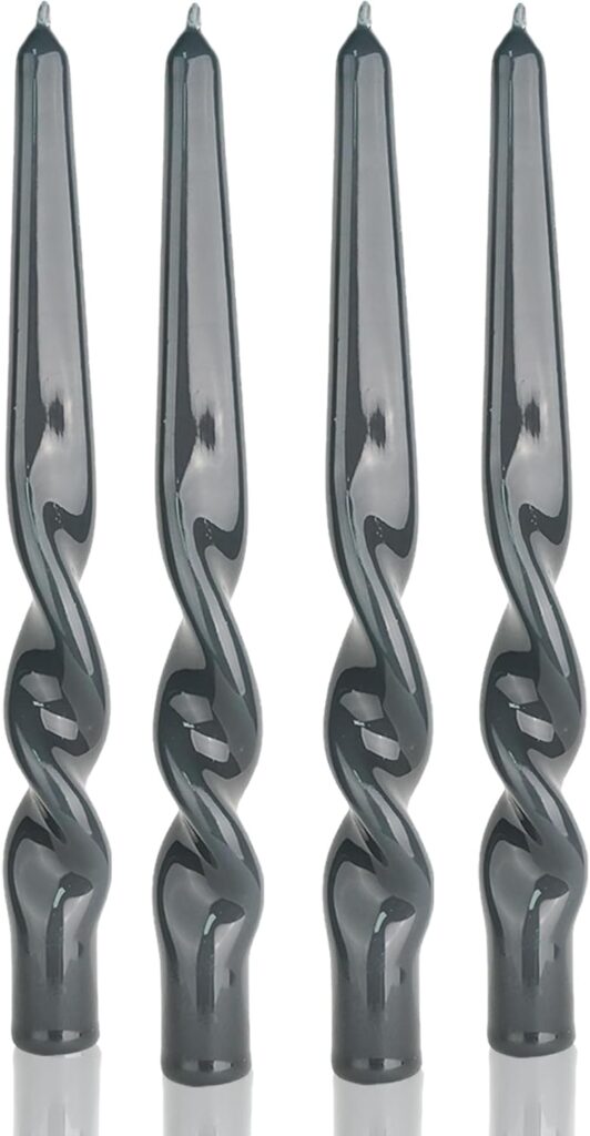 MAITREYA Grey Spiral Taper Candles – Handmade Twisted Conical Stick Candles, Set of 4 for Decoration, Weddings, Parties, Church – Unscented, Dripless, 10 inch