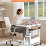 Portable Desk with Wheels Small Standing Desk on Wheels Adjustable Height Rolling Desks for Small Spaces, 32″ Computer Desks with Storage Shelves for Home Office Study White