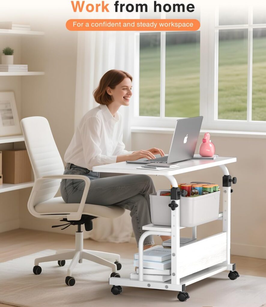 Portable Desk with Wheels Small Standing Desk on Wheels Adjustable Height Rolling Desks for Small Spaces, 32″ Computer Desks with Storage Shelves for Home Office Study White