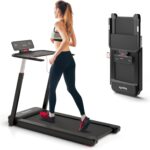 Goplus 3HP Treadmill with Desk Workstation, Superfit Foldable Treadmills for Home Office, Adjustable Height, Bluetooth Speaker, APP Control, LED Display, 25 Preset Programs, Portable Running Machine