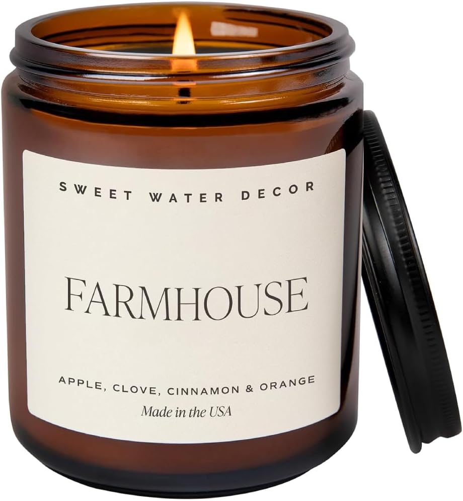 Sweet Water Decor Farmhouse Soy Candle – Apple, Orange, Pumpkin and Clove Scented Fall Candles for Home – 9oz Amber Jar + Black Lid, 40+ Hour Burn Time, Made in The USA