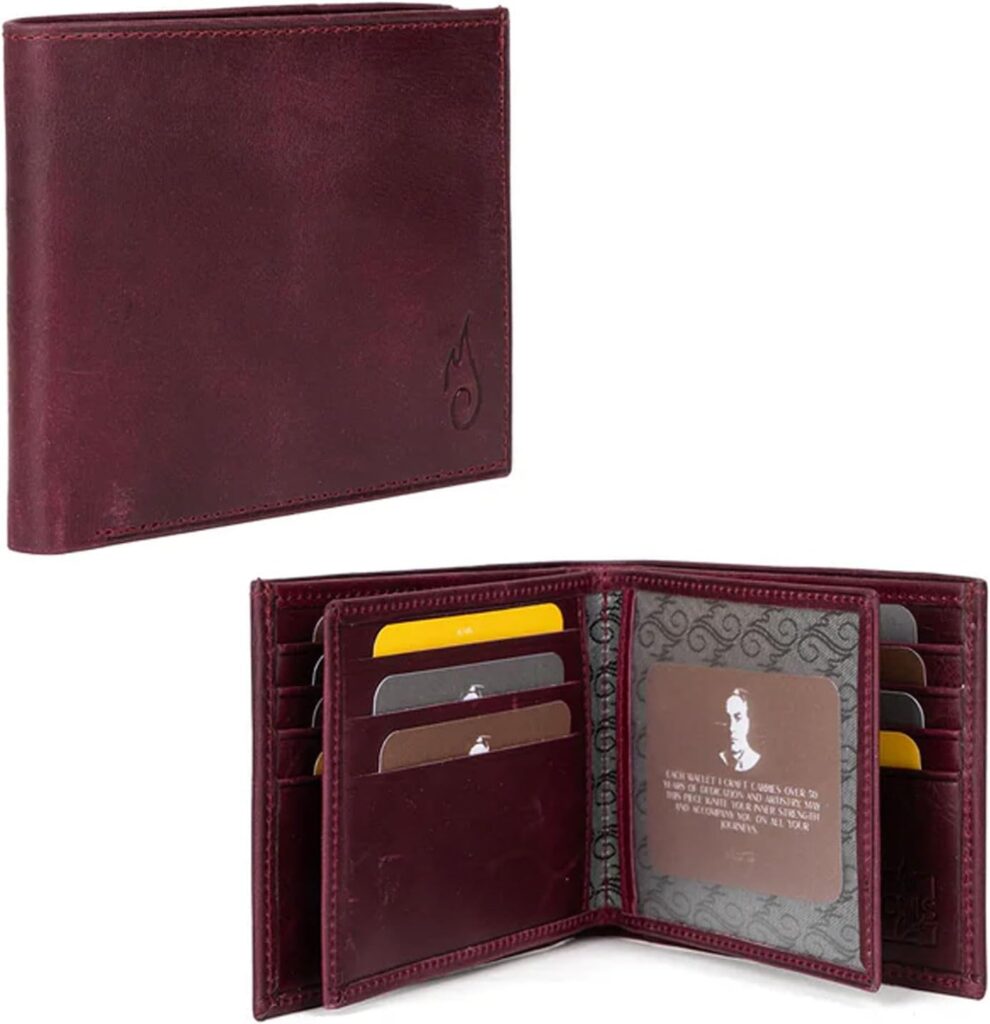 Genuine Leather Double fold Burgundy Fourfold Wallet for Men RFID Blocking – Gifts for Him (Essential Spinel)