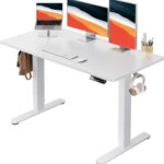 HUANUO Electric Standing Desk, 48″ x 24″ Whole Piece Desktop, Adjustable Height Computer Desk, 4 Height Memory Settings, Sit Stand Up Desk for Home Office, White