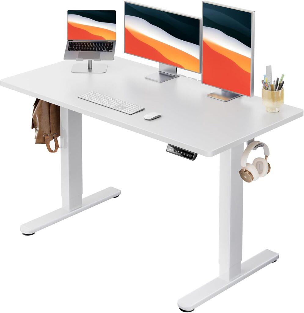 HUANUO Electric Standing Desk, 48″ x 24″ Whole Piece Desktop, Adjustable Height Computer Desk, 4 Height Memory Settings, Sit Stand Up Desk for Home Office, White