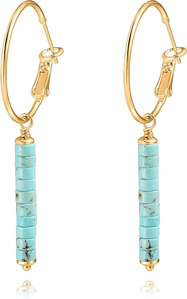 Gold Huggie Hoop Drop Dangle Earrings Turquoise Beads Gemstone Earrings Boho Handmade Lightweight Jewelry for Women