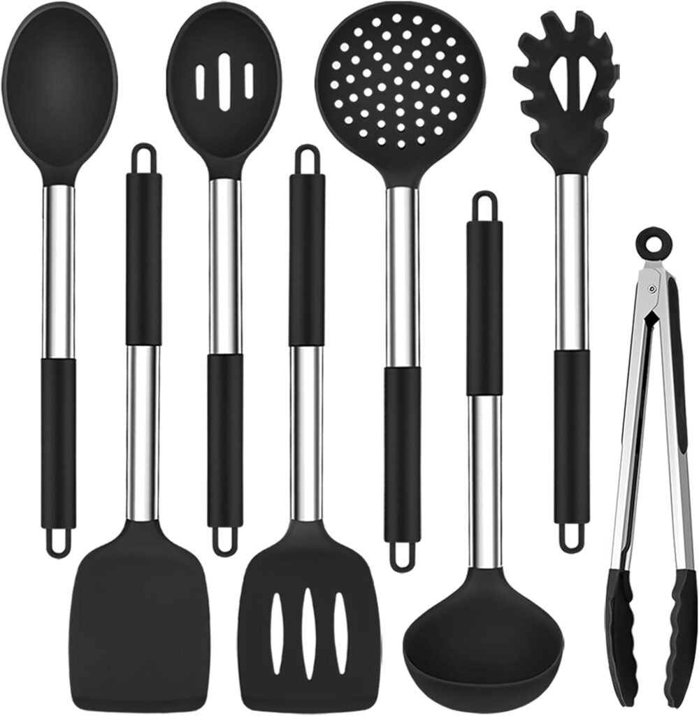 TeamFar Kitchen Utensils Set of 8, Silicone Utensils Kitchen Tools Set with Stainless Steel Handle, for Frying Serving Flipping Draining, Non-toxic & Heatproof, Nonstick & Dishwasher Safe – Black