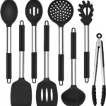 TeamFar Kitchen Utensils Set of 8, Silicone Utensils Kitchen Tools Set with Stainless Steel Handle, for Frying Serving Flipping Draining, Non-toxic & Heatproof, Nonstick & Dishwasher Safe – Black