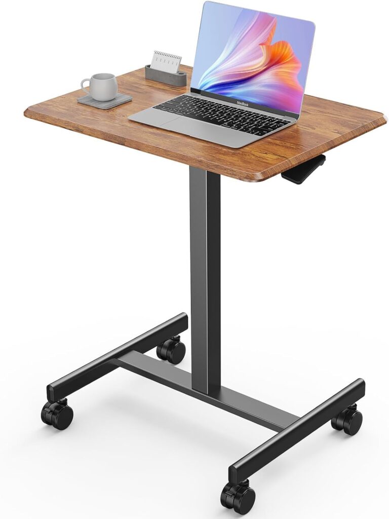Sweetcrispy Mobile Small Standing Desk – Sit Stand Portable Rolling Laptop Desk with Lockable Wheels, Adjustable Height Computer Workstations, Brown