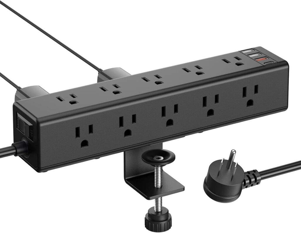 CCCEI Standing Desk Clamp Power Strip with 15 Outlets, Widely Spaced Desktop Edge Mount Surge Protector Outlet, Fast Charging USB-A and USB-C Ports, 6 FT Flat Plug, Black Fit 1.6 inch Table top.