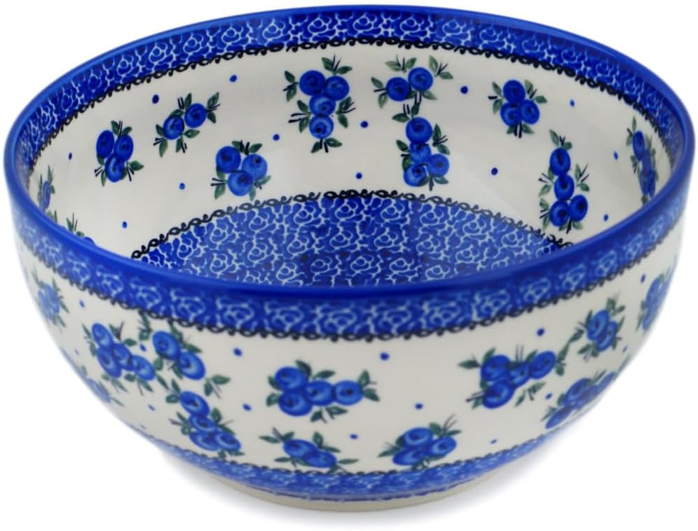 Authentic Polish Pottery Mixing bowl, serving bowl 9-inch in Lovely Blueberries Design Handmade in Bolesławiec Poland by Ceramika Bona + Certificate of Authenticity