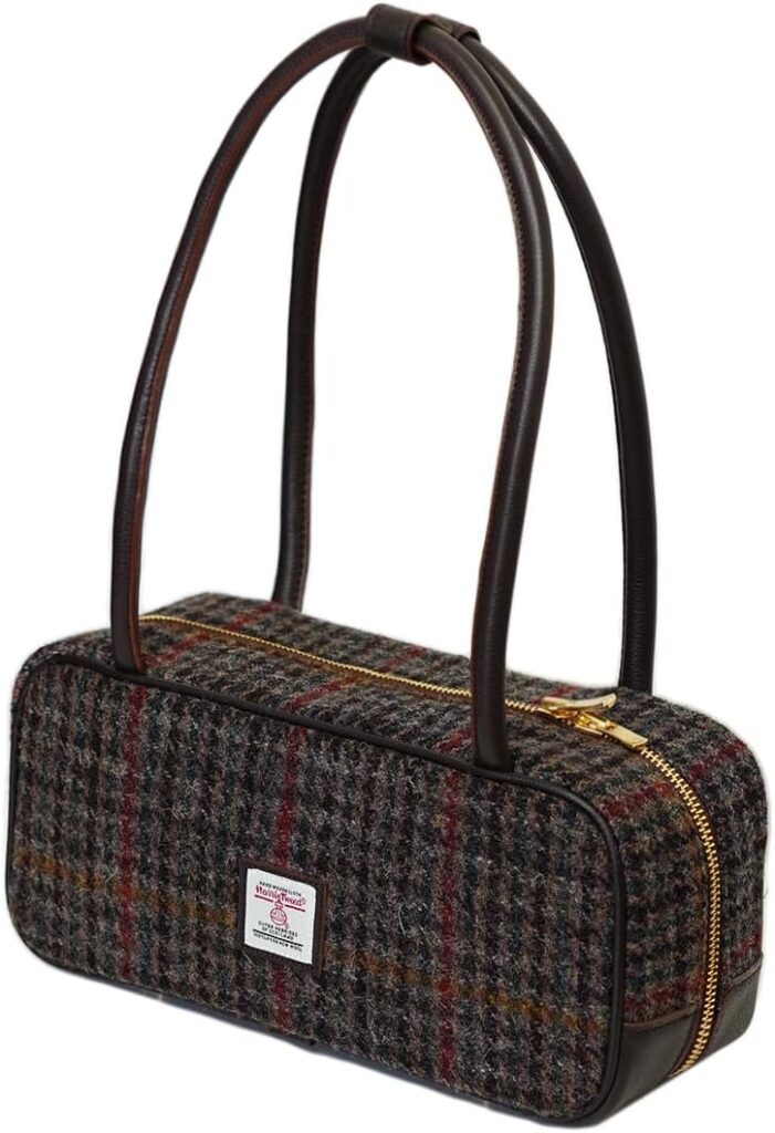 Harris Tweed Shoulder Bag for Women Handmade Vintage Wool Purse with Top Grain Leather Details Retro Rectangle Tote