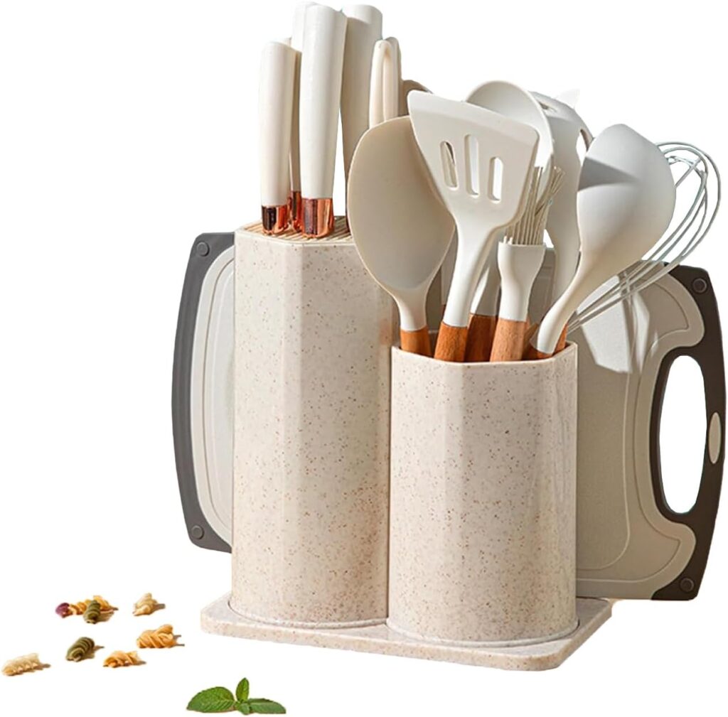 Cooking Utensils Set, Caliamary 19 PCS Silicone Kitchen Utensils Set with Holder and Kitchen Knife Set for Cooking, Non-stick Heat Resistan Kitchen Tools and Gadgets with Wooden Handle (White)