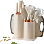 Cooking Utensils Set, Caliamary 19 PCS Silicone Kitchen Utensils Set with Holder and Kitchen Knife Set for Cooking, Non-stick Heat Resistan Kitchen Tools and Gadgets with Wooden Handle (White)