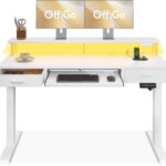 OffiGo Electric Standing Desk with Drawers & Keyboard Tray, 55 Inch Height Adjustable Desk with Power Outlets & LED Lights, Sit Stand Table with Monitor Stand for Home, Office, White