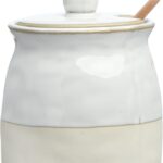 Creative Co-Op Stoneware Sugar Pot with Lid and Wood Spoon, White Glaze