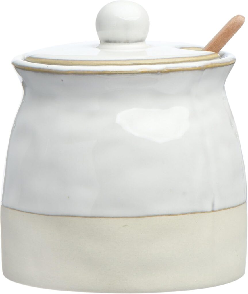 Creative Co-Op Stoneware Sugar Pot with Lid and Wood Spoon, White Glaze