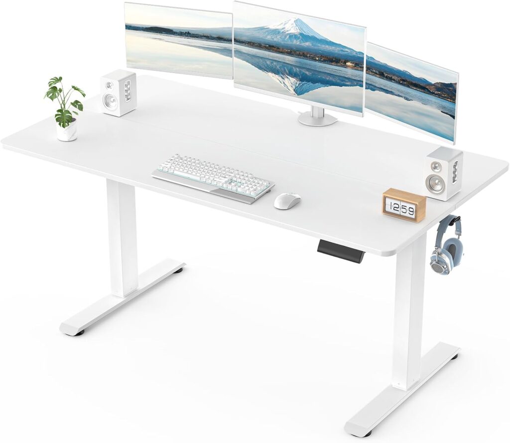 Veken 55 x 23.6 Inch Electric Standing Desk with Adjustable Height, Sit to Stand Computer Table for Study, Work or Gaming, Home Office Desk White