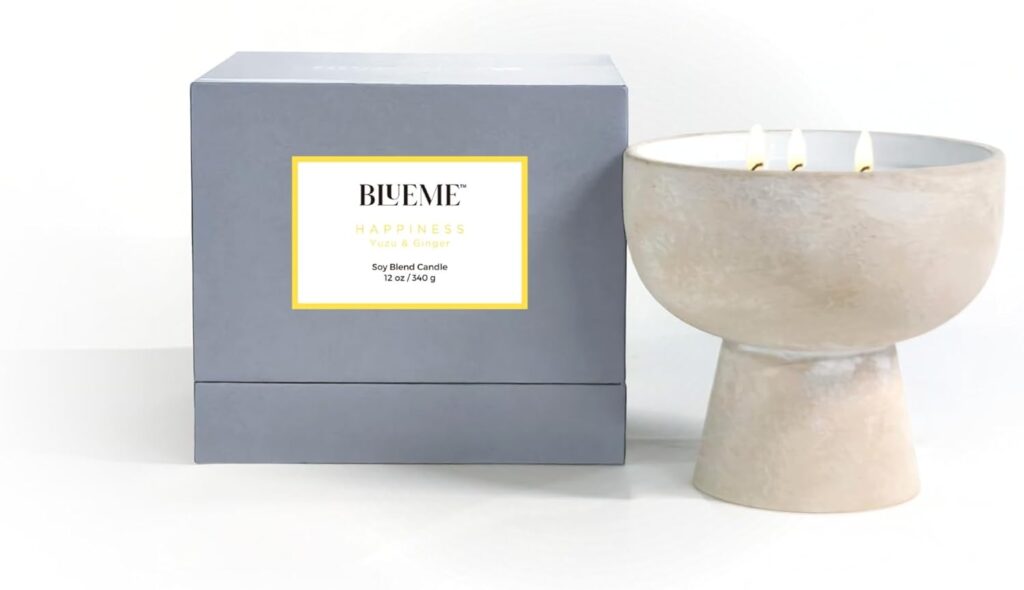 BLUEME Happiness – Yuzu & Ginger, Luxury Candle w/Essential Oils, 3 Wick, Hand-Poured Soy, Cotton Wick, Ceramic