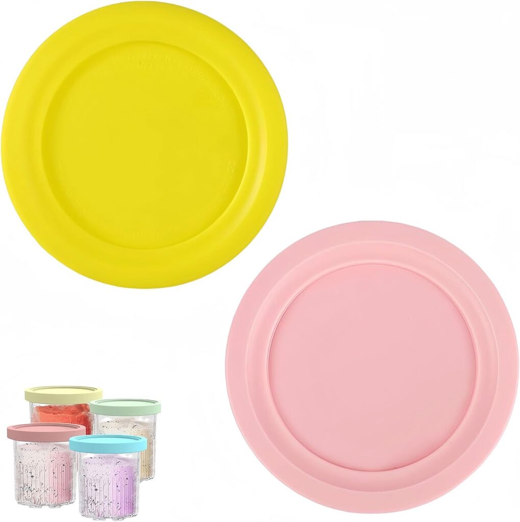 2pcs Ice Cream Containers Silicone Lids (Pink & Yellow) – Replacement Covers for Ninja Creami NC500, NC501 Series Ice Cream Maker Pint Containers, Leak-Proof Food Storage Lids for Freezer