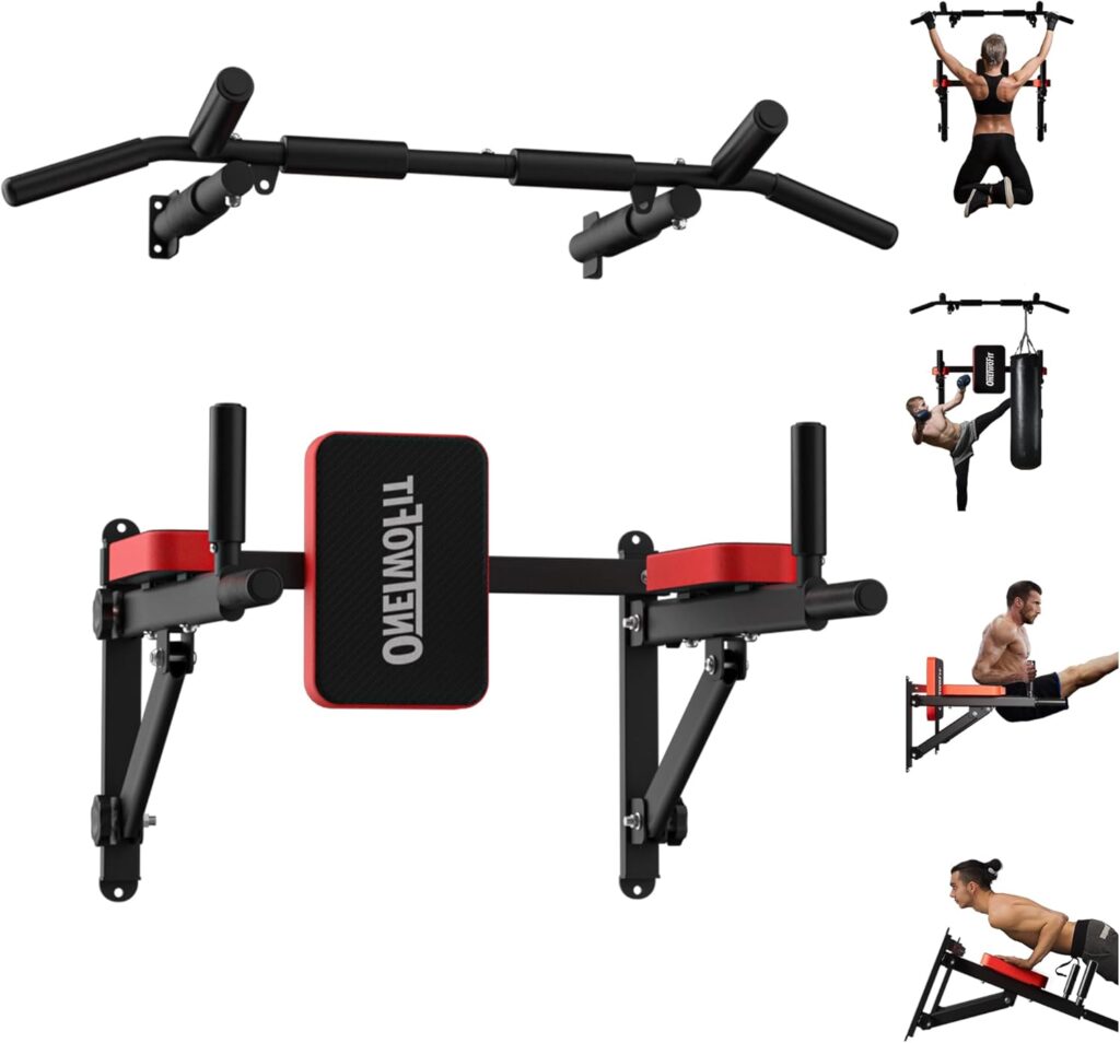 ONETWOFIT Wall Mounted Pull Up Bar, 2 in 1 Pull Up and Dip Bar Station Space Saving Multifunctional Wall Mount Chin Up Bar Indoor Outdoor Strength Training Home Gym Equipment