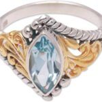 NOVICA Artisan Handmade 18k Gold Accented Blue Topaz Singlestone Ring Marquise .925 Sterling Silver Cocktail Indonesia Birthstone Gemstone ‘Marquise Order’