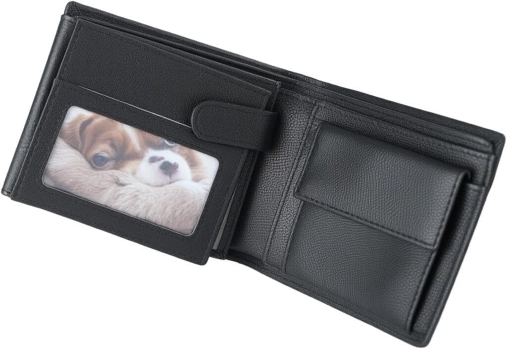 LovinPet Thin Wallet for Men, 4 Photo Holders, 3 Card Slots and Coin Pocket, Compact Leather Card Holder Wallet, Gift-Ready for Dad or Son