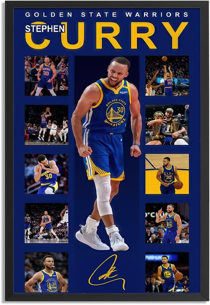 Black Framed Basketball Superstar Stephen Curry Signed Poster For Kids Fans Room Bedroom Wall Decor-Canvas Art Print Pictures For Teen Boy Birthday Gifts