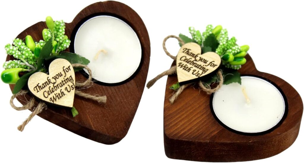 20 Pcs Shawly Sisters Handmade Wooden Wedding Party Favors Candle and Tealight Holders, Heart Shaped Wood Candleholders, Engagement Gifts, Bridal Shower Favors for Guests (Green, Brown Wood)