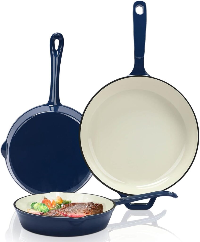 Hisencn Enameled Cast Iron Skillet Set – 3 Piece Ceramic Coated Fry Pan Set(8”,9.5” 11”), PFAS/PTFE/PFOA Free, Oven & Induction Safe, Navy Blue Cookware for Gas/Electric Stovetop