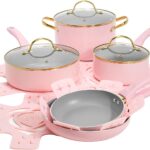 Paris Hilton Epic Nonstick Pots and Pans Set, Multi-layer Nonstick Coating, Tempered Glass Lids, Soft Touch, Stay Cool Handles, Made without PFOA, Dishwasher Safe Cookware Set, 12-Piece, Pink