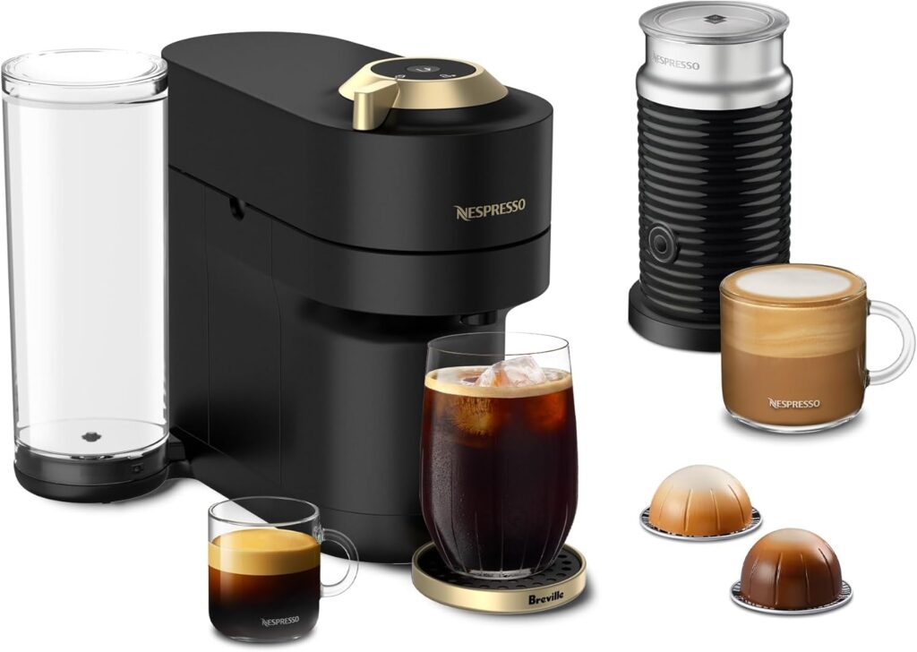Nespresso Festive Vertuo Pop+ Deluxe Coffee and Espresso Maker by Breville with Milk Frother, Matte Black Gold