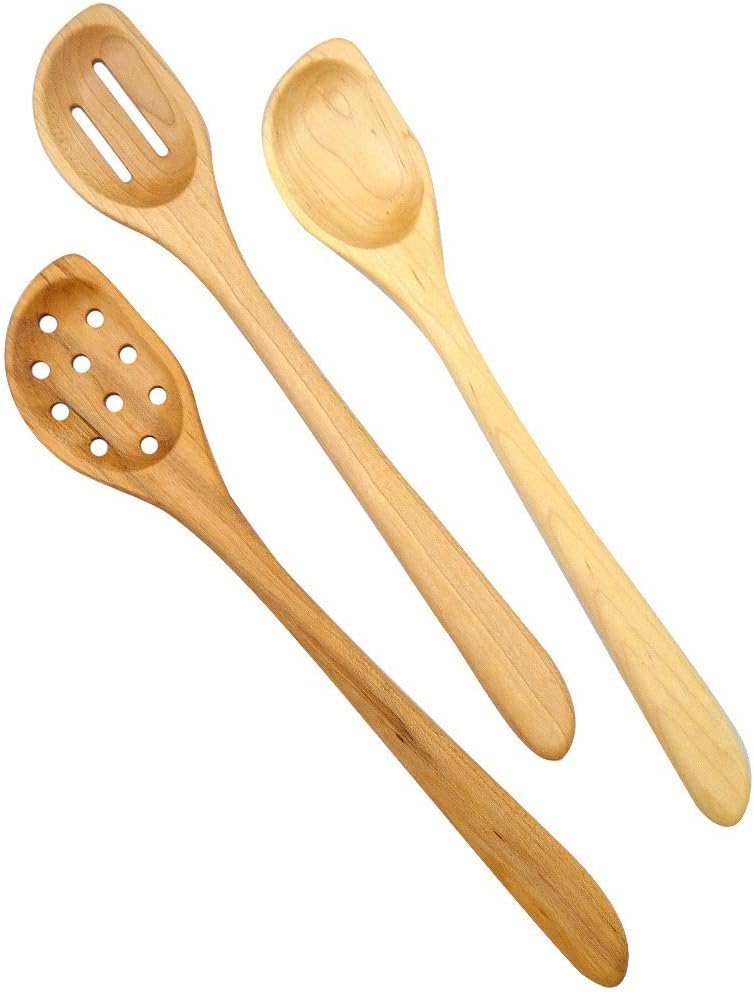 American Made Natural Hard Maple Wood Angled Cooking and Mixing Spoons, Set of 3 (Right Handed Version)